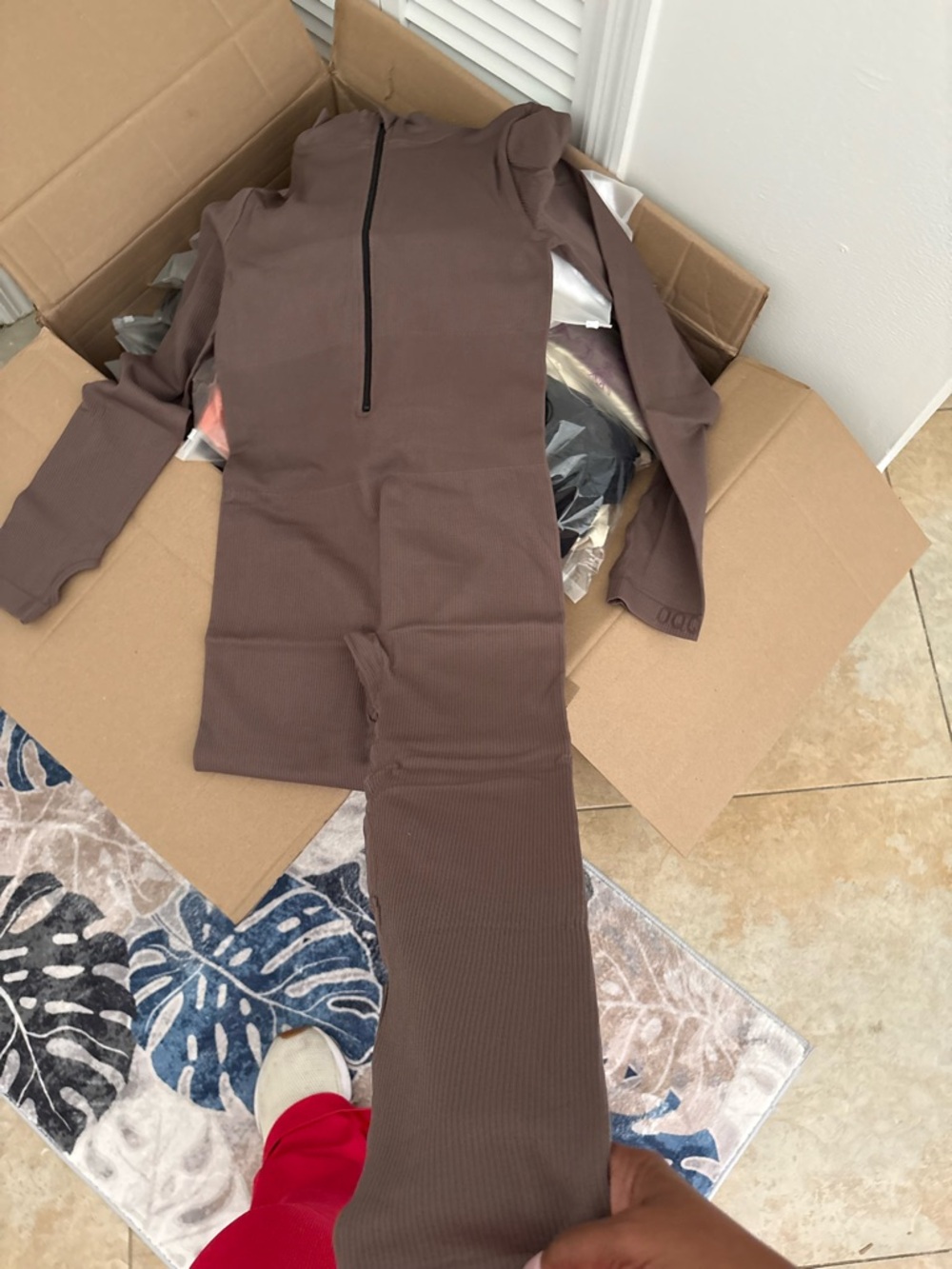 Ribbed Brown Leggings Jumpsuit with Front Zip